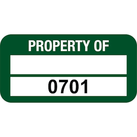 Lustre-Cal PROPERTY OF Label, Polyester Green 1.50in x 0.75in 1 Blank Pad & Serialized 0701-0800, 100PK 253772Pe2G0701
